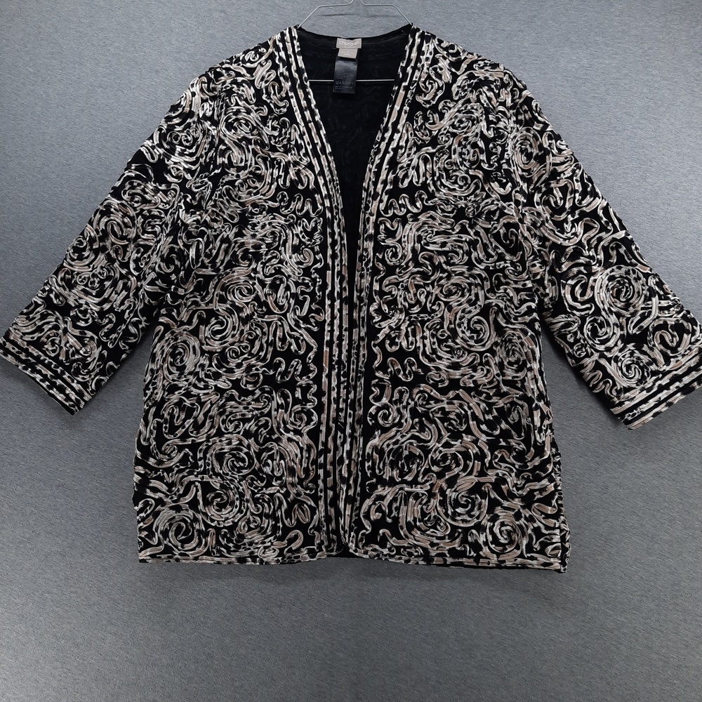 Chico's Travelers Jacket Womens 1 US M 8/10 Black Swirl Kimono Open 3/4 Sleeve